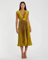 Green Pleated Cap Sleeve Belted A Line Dress